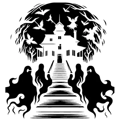 Haunted house with ghosts — free printable stencil