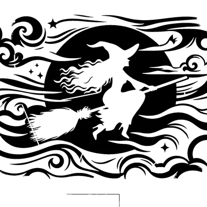 Witch on broomstick flying — free printable stencil